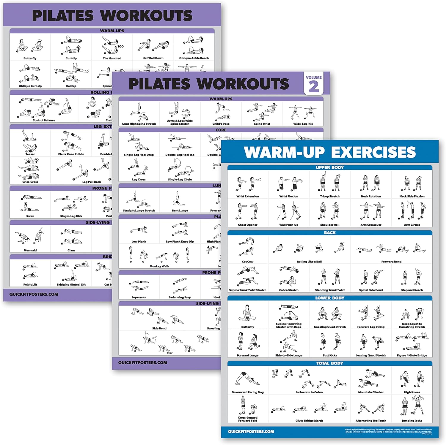 3 Pack - Pilates Workout Poster Set Volume 1 & 2 + Warm Up Routine - Pilates Mat Work Exercises - Fitness Charts (18 x 24, LAMINATED)