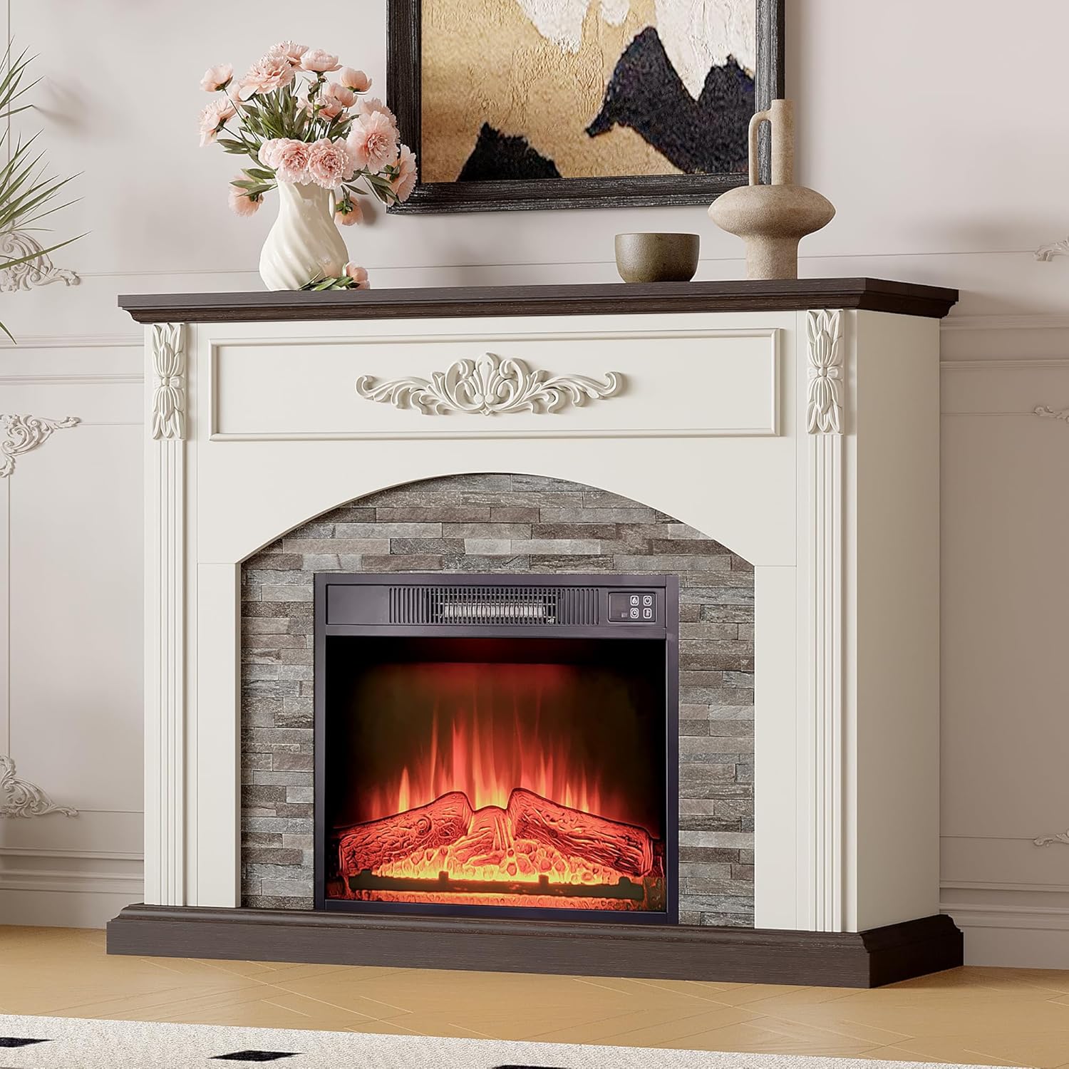 44Inch Electric Fireplace with Mantel, Farmhouse TV Stand with Electric Fire Place Heater, Stacked Stone Surround,White Firebox with 23" Fireplace Insert for Bedroom,Living Room