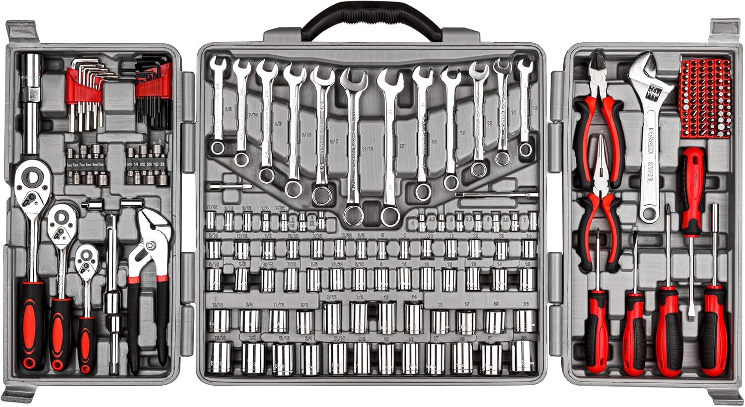 CARTMAN 205 Piece Ratchet Wrench Tool Set 1/4" & 3/8" & 1/2" Drive with SAE/Metric Sockets Kit in Plastic Toolbox