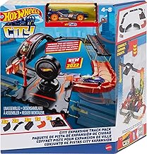 Hot Wheels Toy Car Track Set Pack, 10 Track-Building Parts with City Square, Bridge & 1:64 Scale Vehicle, Connects to Other Tracks