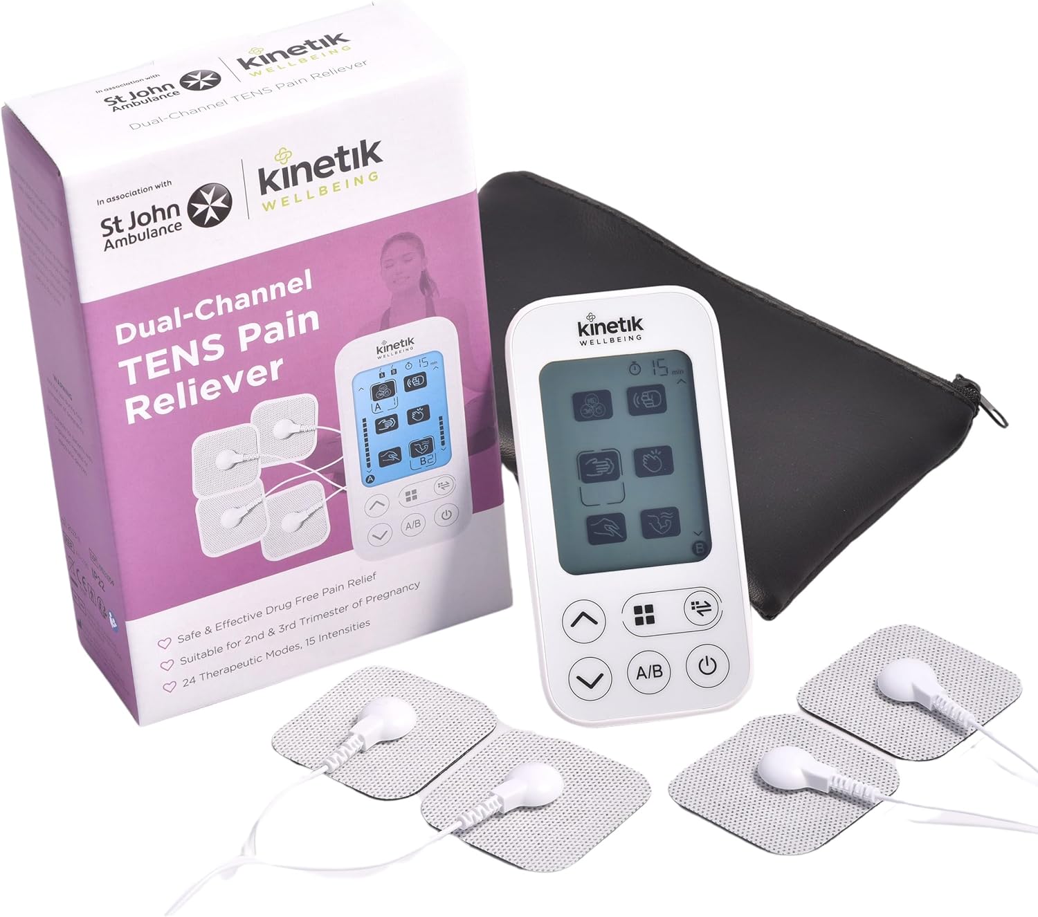 Kinetik Wellbeing Dual-Channel TENS Machine for Pain Relief - Muscle Stimulator Machine for Men, Women, 15 Intensities, 24 Modes - Safe for Pregnancy & Sciatica - in Association with St John Ambulance
