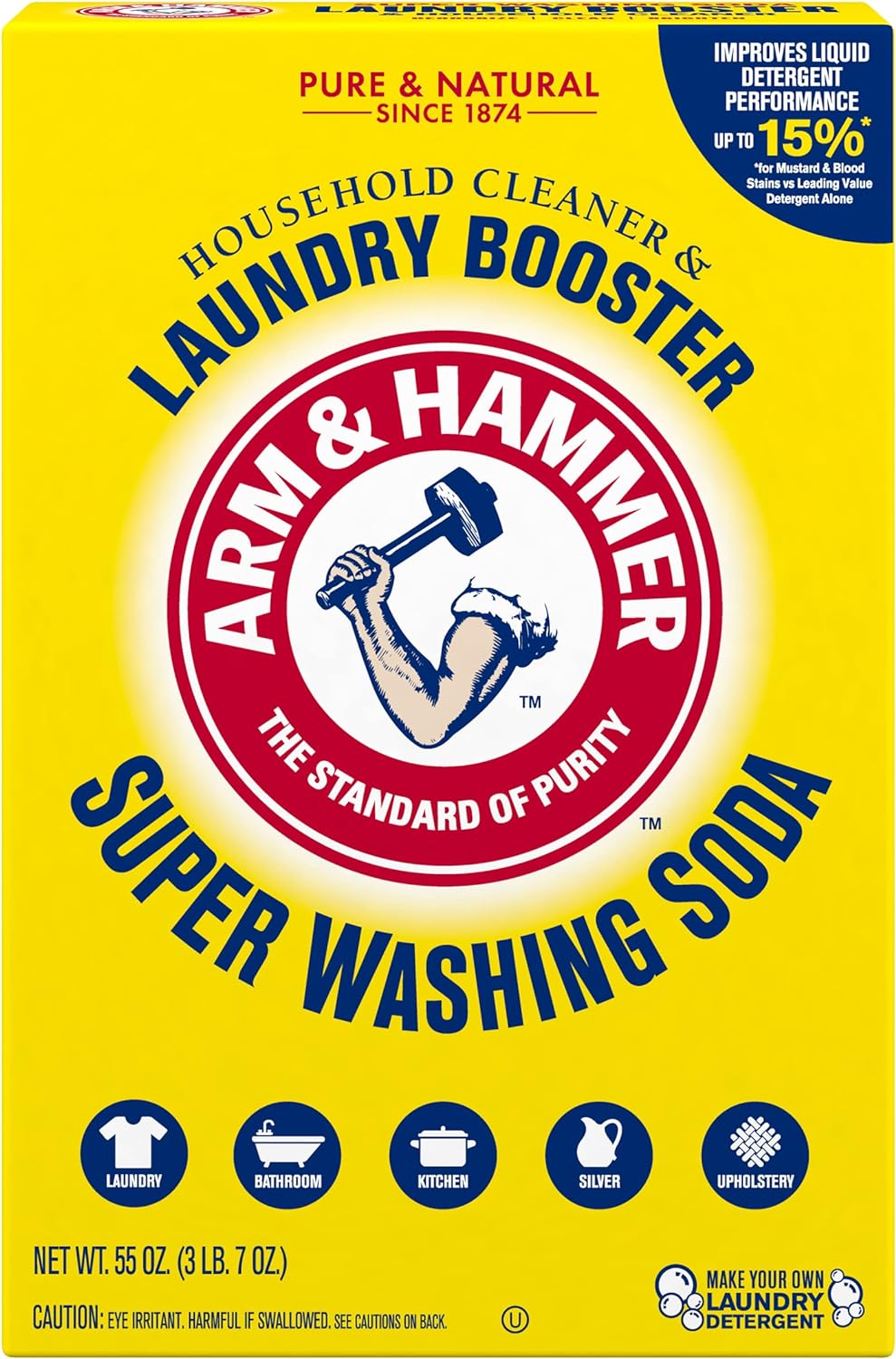 ARM & HAMMER Super Washing Soda Household Cleaner and Laundry Booster, Versatile Natural Home Cleaner, Powder Laundry Additive and Cleaner, 55 oz Box
