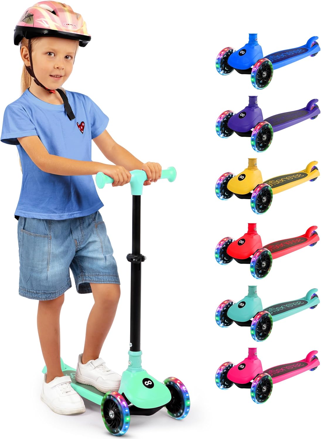 SereneLife 3-Wheel Foldable Kids Scooter – LED Wheel Lights, Adjustable Handlebar