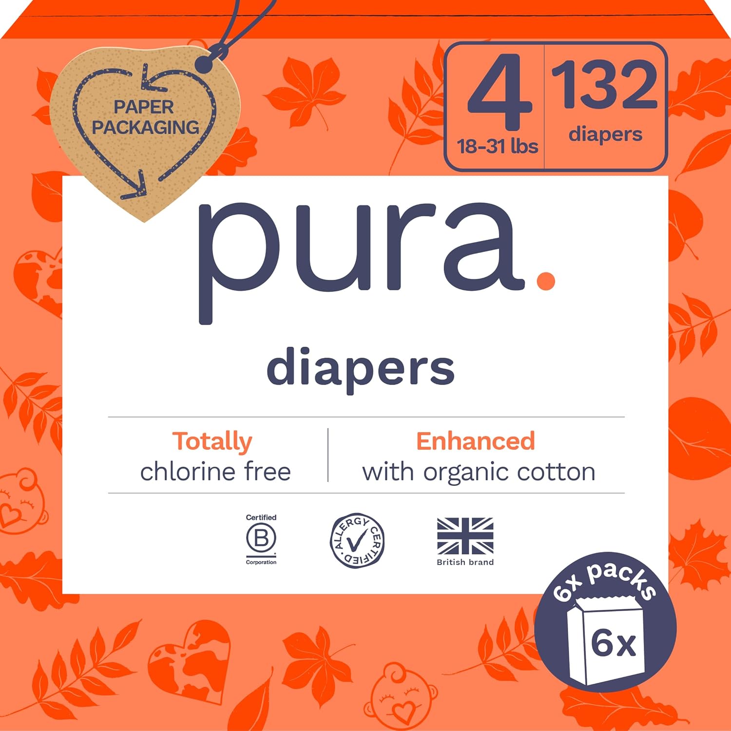 Pura Size 4 Eco-Friendly Diapers (18-31 lbs) Hypoallergenic, Soft Organic Cotton, Sustainable, up to 12 Hours Leak Protection, Allergy UK, Recyclable Packaging, 6 Packs of 22 (132 Diapers)