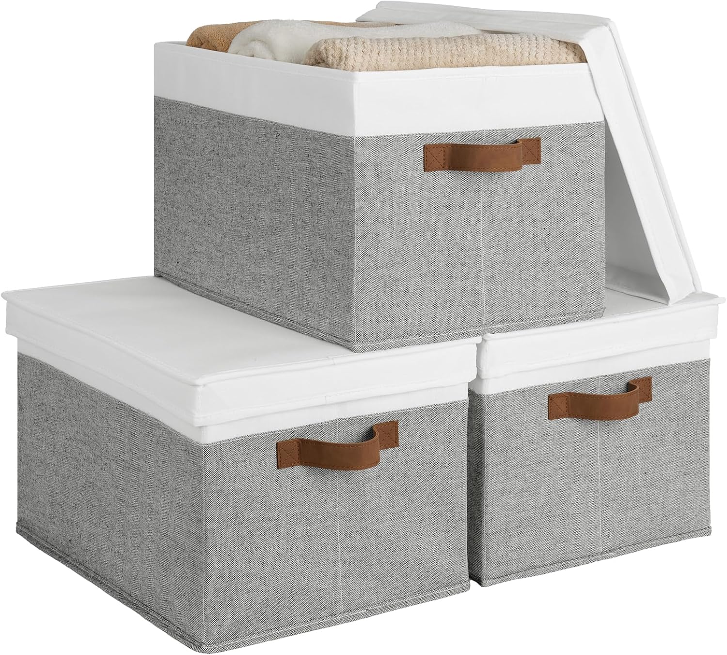 StorageWorks Large Storage Boxes for Shelves, Lidded Clothing Storage Bins Foldable, Decorative Storage Boxes for Wardrobe Organising, Fabric Storage Basket with PU Handles, Grey and White, 3-Pack