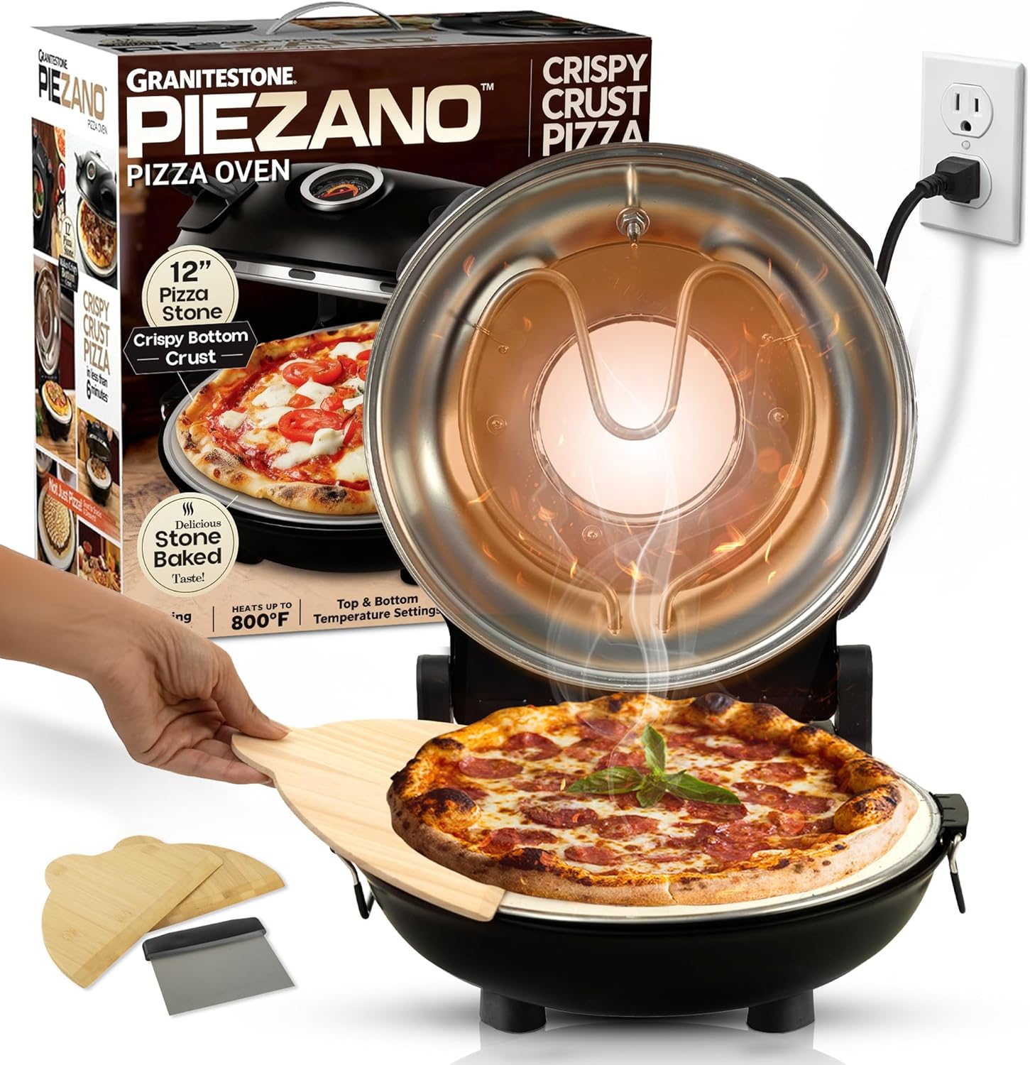 PIEZANO 12 Inch Electric Indoor Pizza Oven Heats up to 800˚F - Pizza Maker with Ceramic Stone for Crispy Crust Pizza, Cooks in Under 6 Minutes, Countertop, Dual Heat Control, Peels & Scraper Included