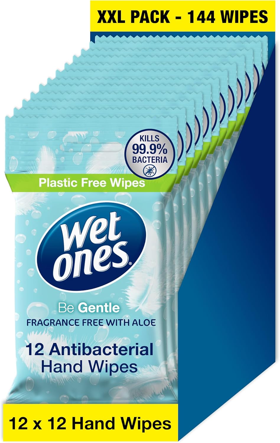 Wet Ones – Be Gentle – Plastic Free Antibacterial Pocket Size Hand Wipes - 144 wipes – 12 packs x 12 wipes