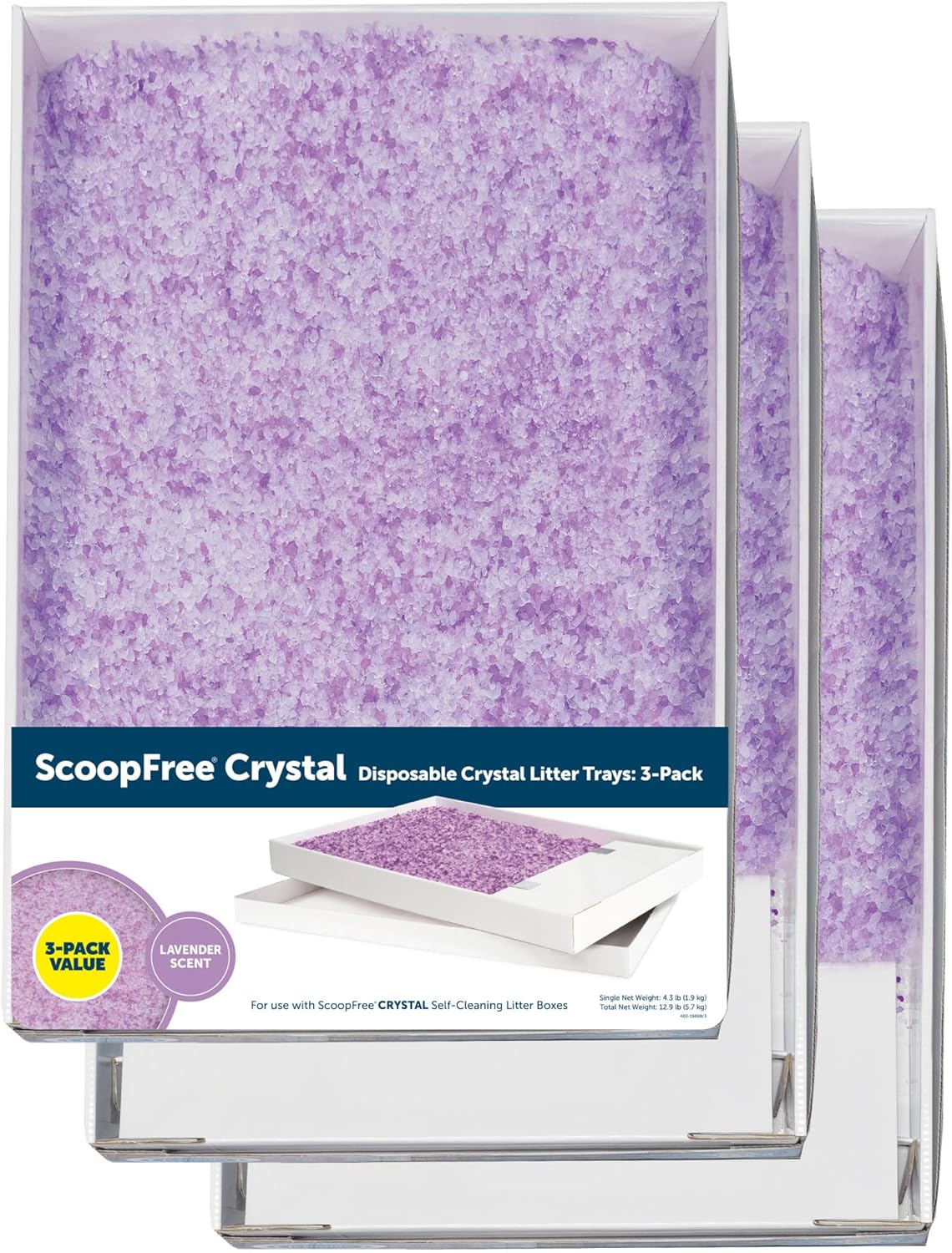 PetSafe ScoopFree Crystal Cat Litter & Refill Tray with Lid, Lavender Scent, 4.3 Lb Bag with Each Tray, Pack of 3