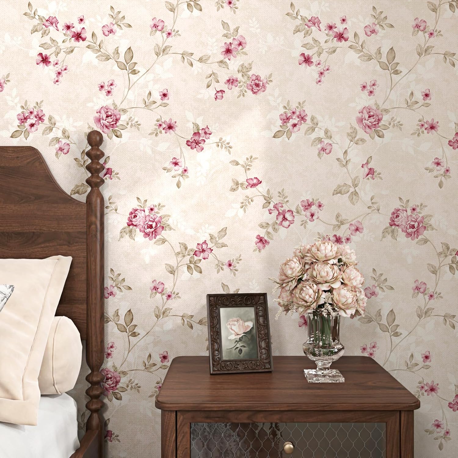 WESTICK Pink Floral Contact Paper for Walls Floral Peel and Stick Pink Wallpaper Vintage Self Adheisve Retro Rose Flower Wallpaper for Gilrs Bedroom Accent Wall Nursery Room Cabinets 17.5" x 118"