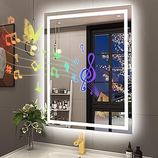 Led-Bathroom-Mirror-with-Lights, 28"x36" Wall-Mounted with 3 Colors Dimmable Light, Bluetooth Speaker, Anti-Fog, Memory, Tempered Glass, Front & Backlit (Horizontal/Vertical)