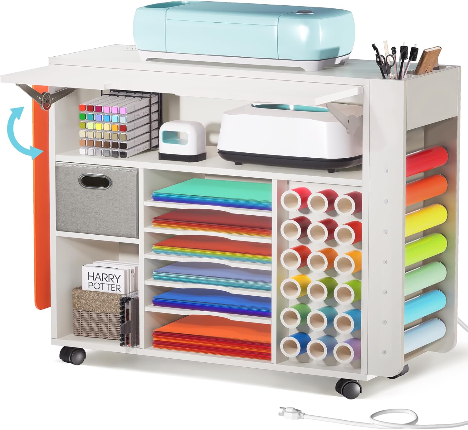 Craft Organizers and Storage Cart with Extendable Desktop and Power Outlet, Compatible with Cricut Maker, Craft Table with Drawer & Vinyl Roll Holders, Craft Cabinet Workstation