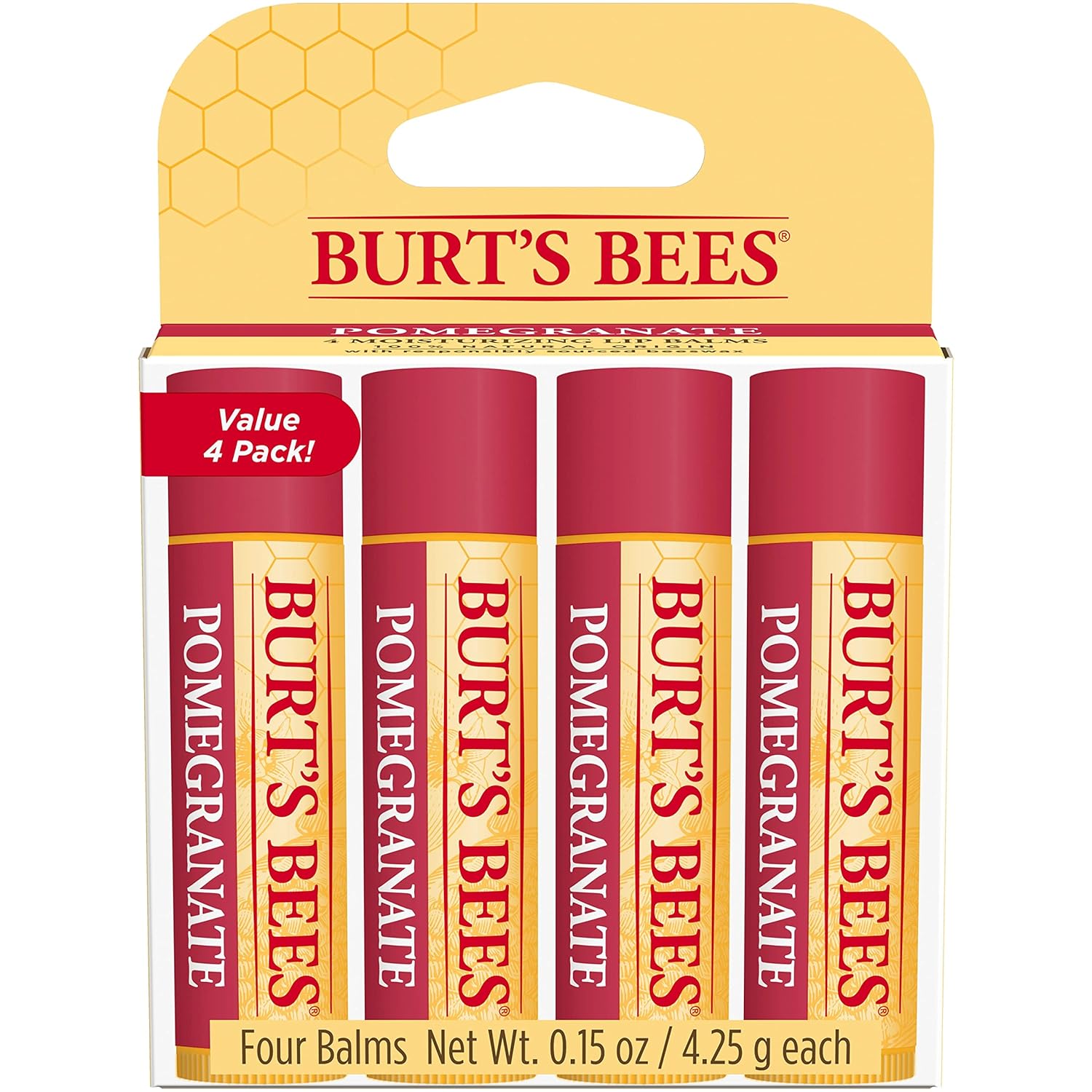Burt's Bees Lip Balm, Moisturizing Lip Care, for All Day Hydration, 100% Natural, Pomegranate with Beeswax & Fruit Extracts (4 Pack)