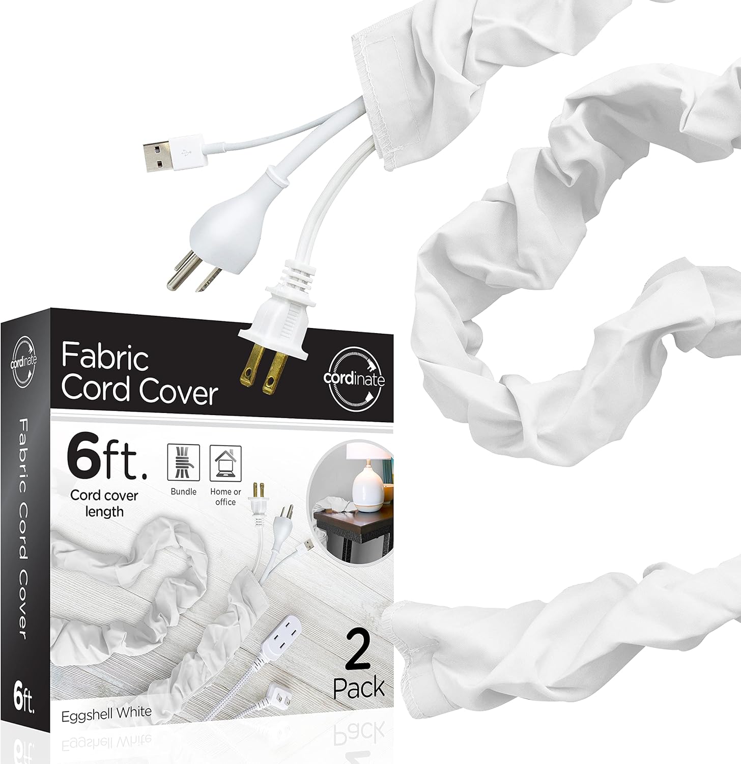 Cordinate Fabric Cord Cover 2 Pack, 6 Ft, Cable Management and Hider, Easy Installation, Great for Lamps, Light Fixtures, and Desks, Eggshell White, 48656