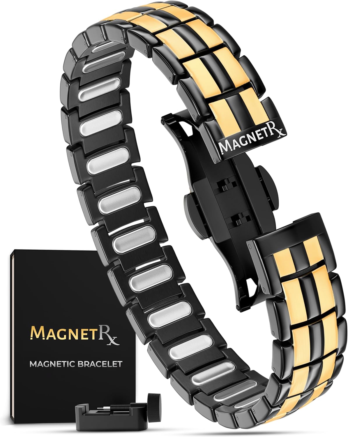 MagnetRX® Magnetic Bracelets for Men - EllipseMAX 5X Strength 5,000 Gauss Magnets - Designed in USA & Patent Pending - Premium Titanium Mens Magnetic Bracelet & Adjustable Length (Black/Gold)
