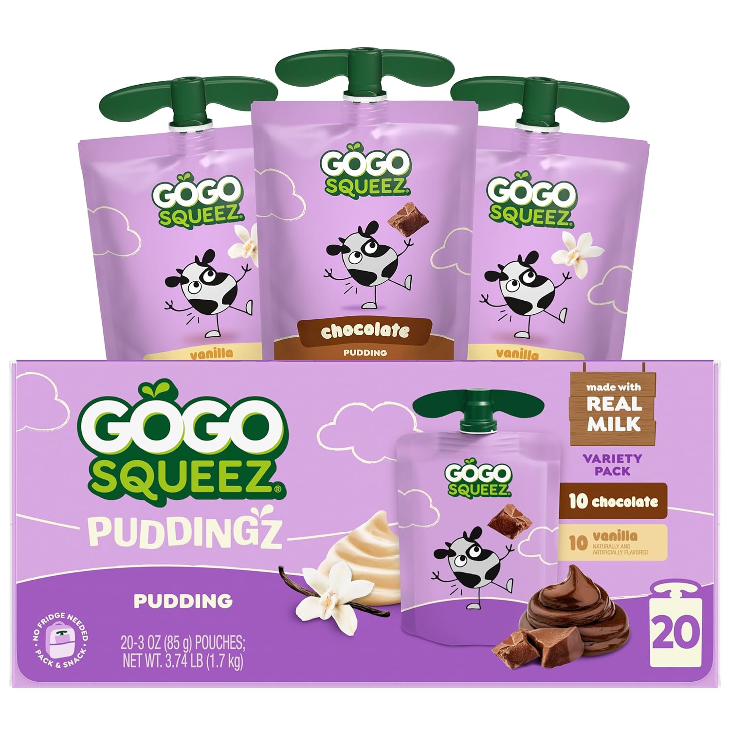 GoGo squeeZ PuddingZ Variety Pack, On-the-Go Chocolate and Vanilla Pudding, 3 oz. Pouches (Pack of 20), BPA Free Pouches