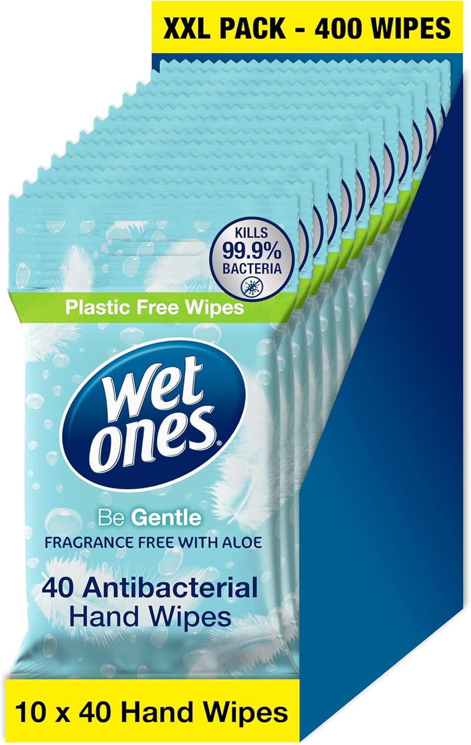 WET ONES - Be Gentle | Plastic Free Anti-bacterial Bio-degradable Hand Wipes | 400 Total - 10 packs x 40 wipes