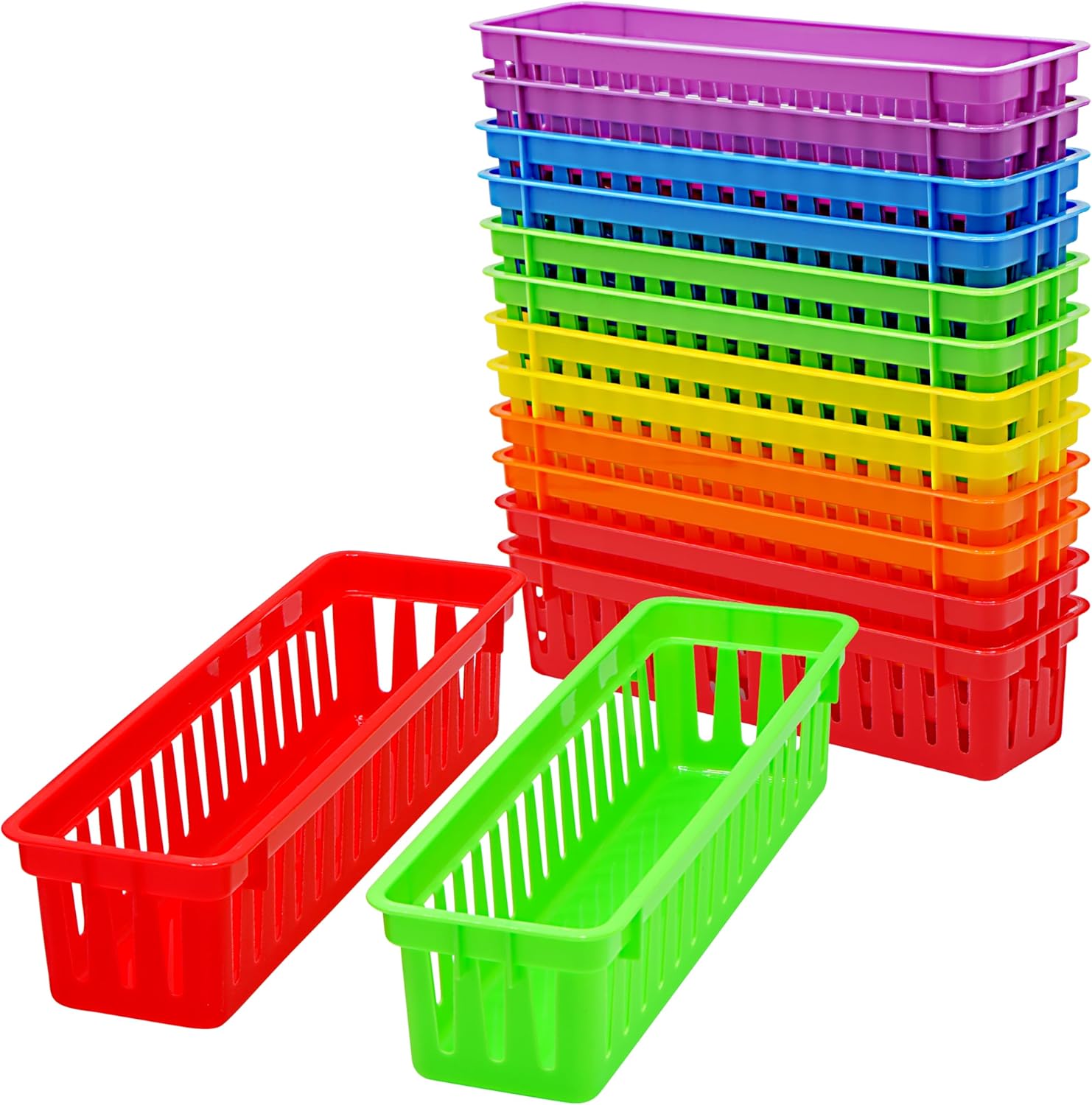 4E's Novelty 12 Pack Pencil Holder for Kids Desk, Colorful Plastic Pen Baskets Tray for Organizing Classroom Supplies, Plastic Caddy for Desk and Elementary Teacher Supplies for Classroom