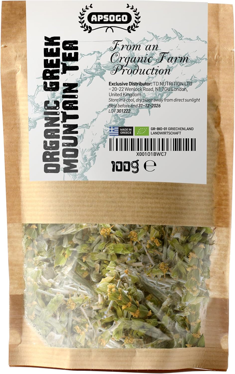 APSOGO Organic Greek Mountain Tea - Premium Quality & Excellent Taste Loose Leaf Herbal Tea, Handpicked with Stems, Leaves & Flowers (100g)