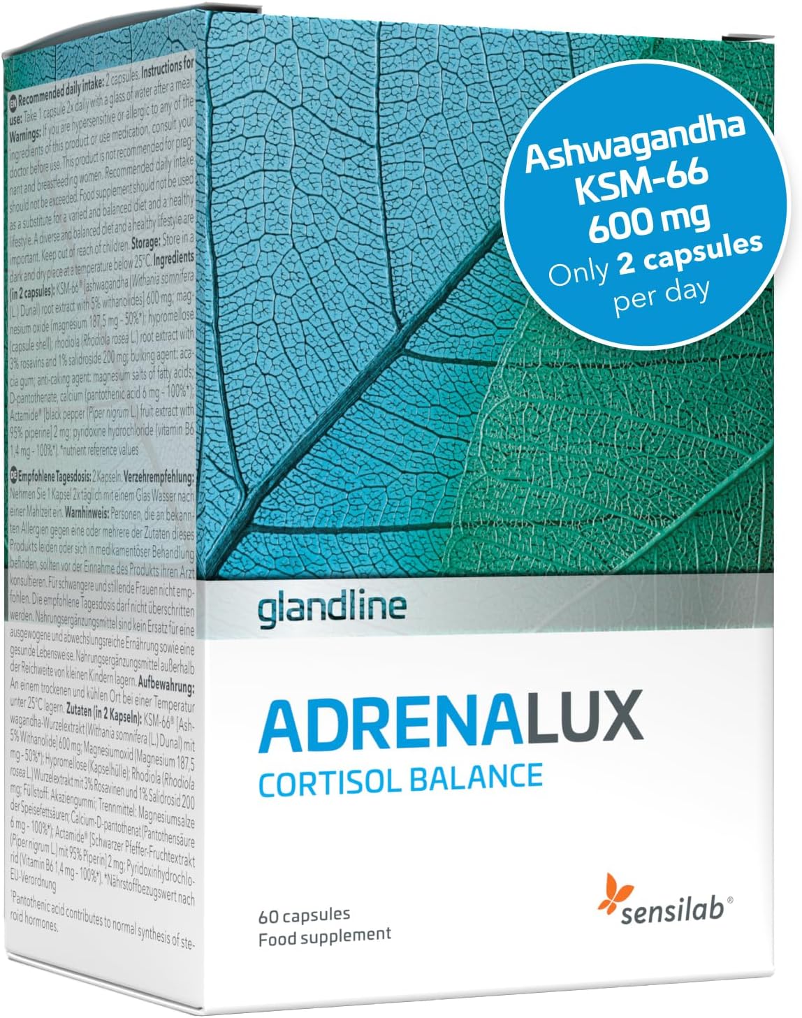 Ashwagandha KSM-66 Capsules with Rhodiola Rosea, Magnesium, Piperine and Vitamin B6-60 Capsules, Adrenalux by Sensilab