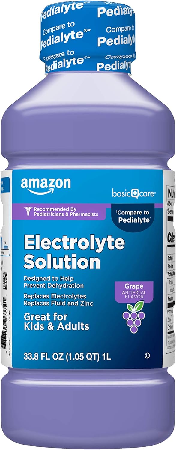 Amazon Basic Care Pediatric Electrolyte Solution, Grape Flavor, Helps Prevent Dehydration, Replaces Electrolytes, Fluid and Zinc, for Kids and Adults, 33.8 fl oz (Pack of 1)