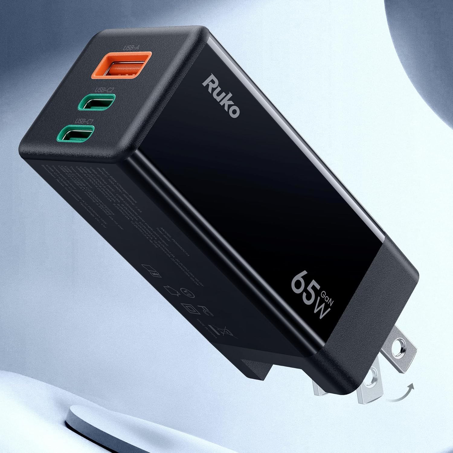 Ruko PD65W USB C Charger, 3-Port GaN Fast Wall Charger, Compact Foldable Charging Block for Drones, MacBook Pro/Air, Galaxy S24, Dell XPS 13, Note 20/10+, iPhone 16/Pro, Switch and Pixel- Black