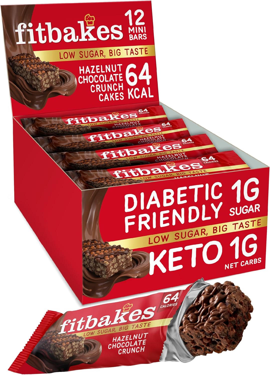 Fit bakes 64 Calories Mini Hazelnut Chocolate Bars (12x19g) Diabetic Chocolate Keto Snack, 1 Net Carb Low Sugar Crunch Cake, Diabetic Sweets Biscuits, Low Calorie Snack, No Added Sugar, FitBakes
