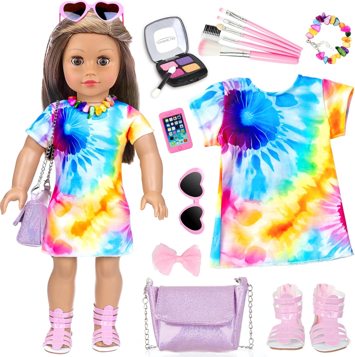 13 Pcs American 18 Inch Doll Accessories and Clothes, Doll Makeup Accessories Set Include Makeup Brush, Eye Shadow,Necklace, Shoulder Bag, Dress,Shoes,Bow Knot Hairpin(No Dolls)