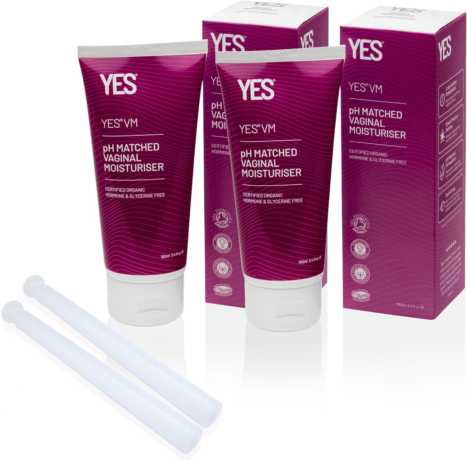 2 Packs - YES VM Organic Vaginal Moisturising Gel 100ml + Applicator [Bundle with Vaginal Cream/Gel Applicator by RUSI Health] (2 of Each)
