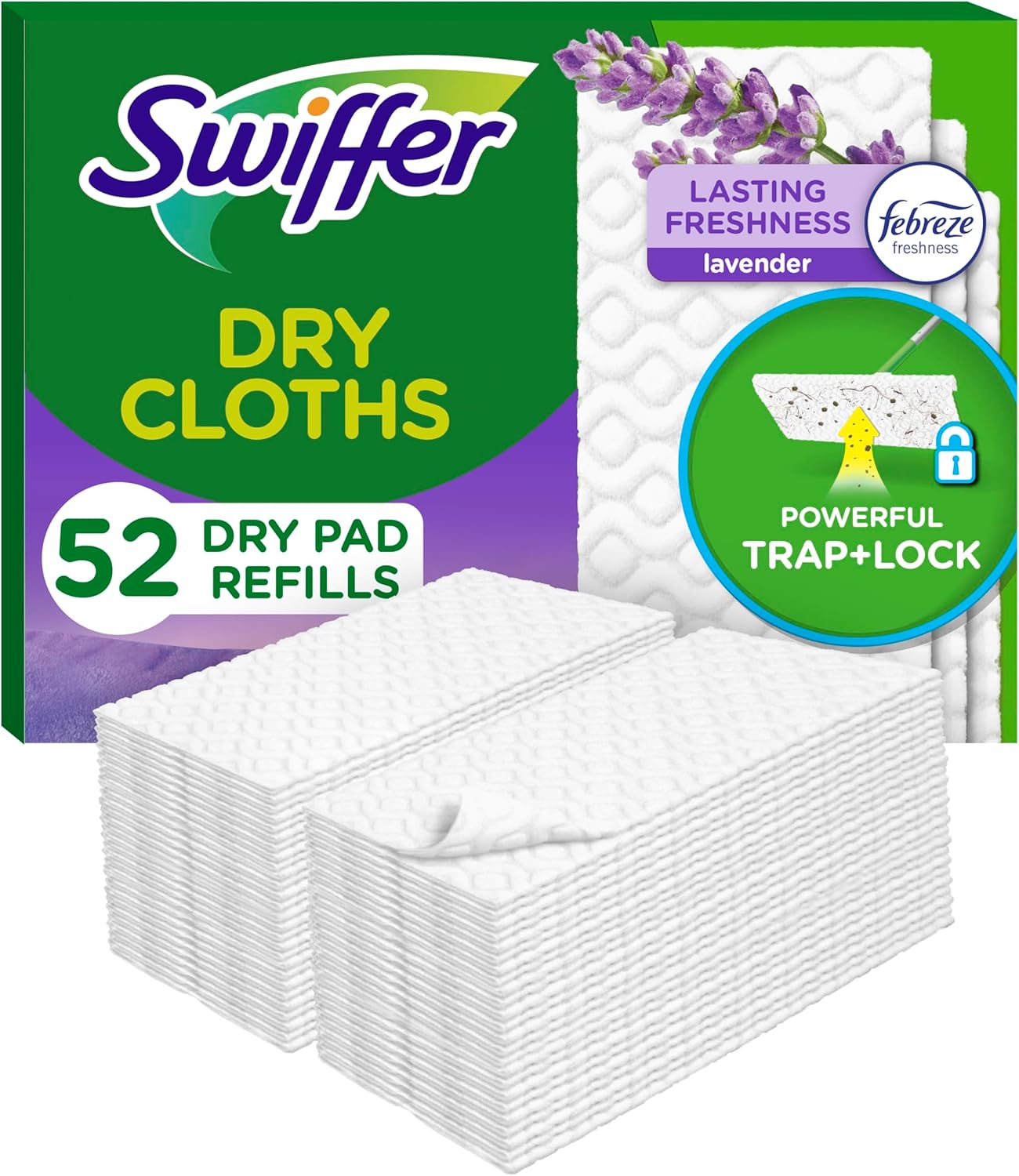 Swiffer Sweep + Mop, Dry Pads Refill, Floor Cleaner for Dirt, Dust, Hair, Cleaning Cloths for Mopping Home, Bathroom, Kitchen, Dust Mop, Floor Duster, Lavender, 52ct
