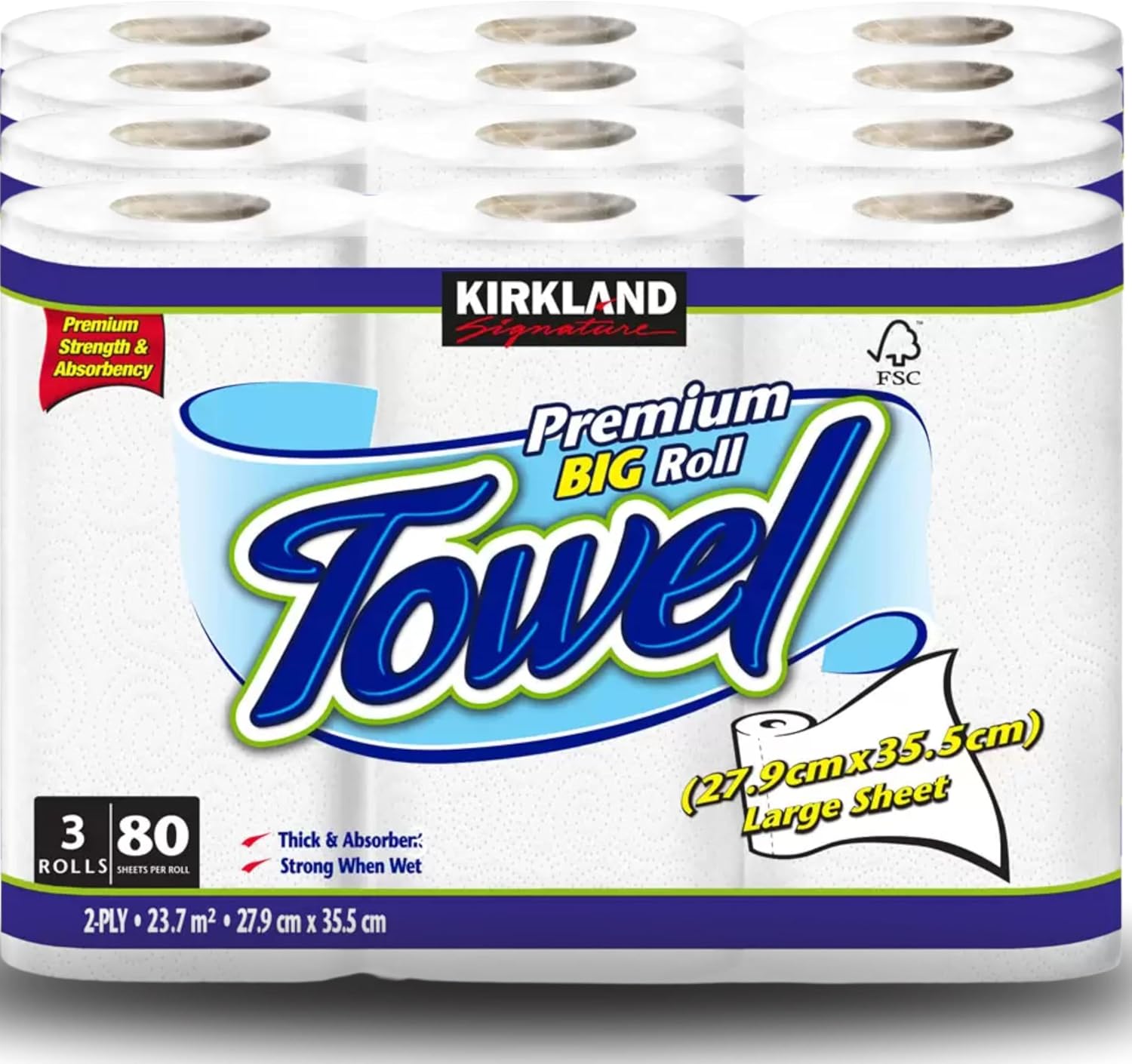 Premium Big ROLL Compatible with Kirkland Signature Kitchen Roll Towel, 2 Ply 12 x 80 Sheet Pack, Fabric, White,