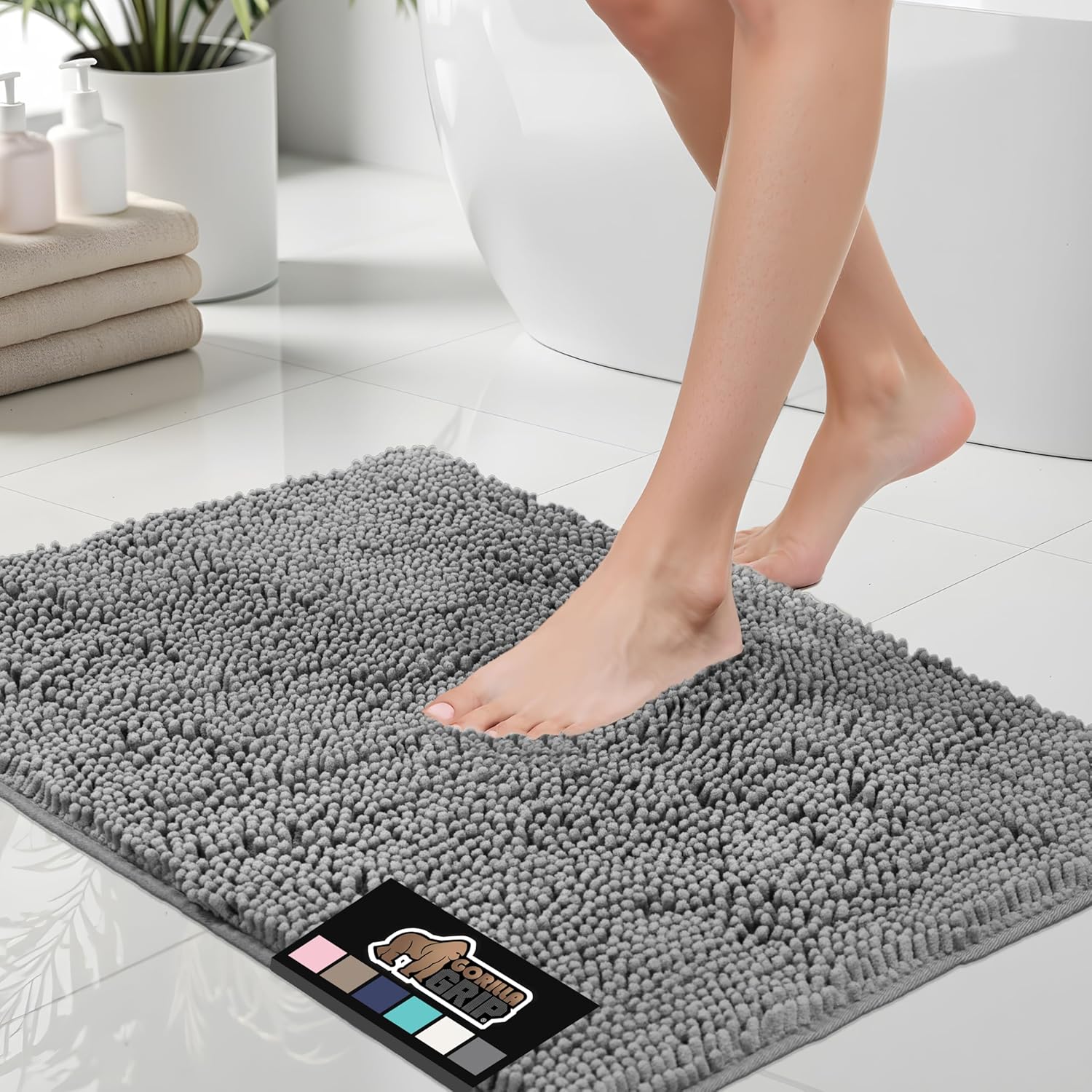 GORILLA GRIP Bath Rug Mat, Thick Soft Absorbent Chenille, Quick Dry Microfiber Mats, Rubber Backing Machine Washable Shower Floor Rugs, Bathmat Runner, Bathroom Home Decor Accessories, 24x17, Grey