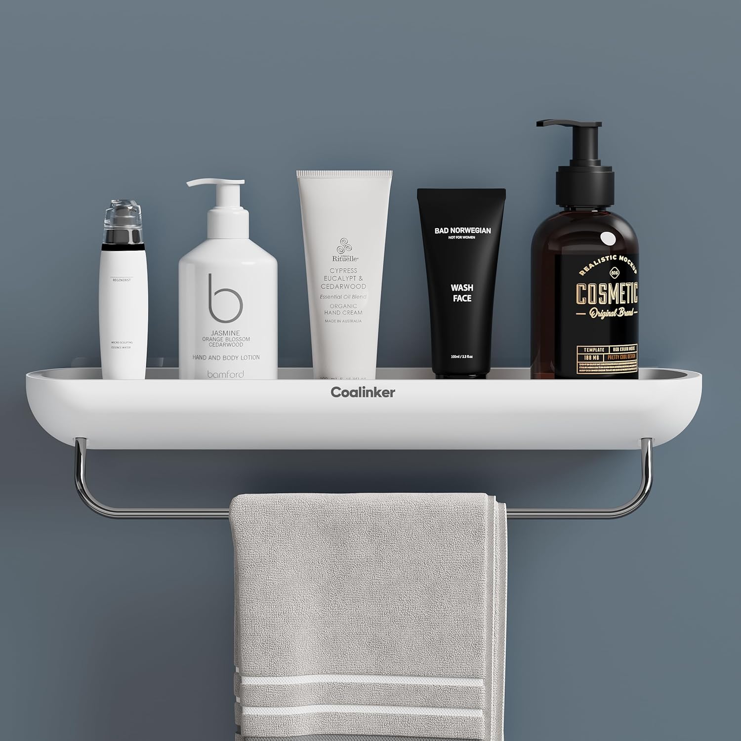 Coalinker Bathroom Shelf No Drill with Towel Holder- Stick On Wall Mounted Shower Caddy- Self Adhesive Organiser- White Storage Rack for Home Sink Accessories- No Drilling Required Plastic