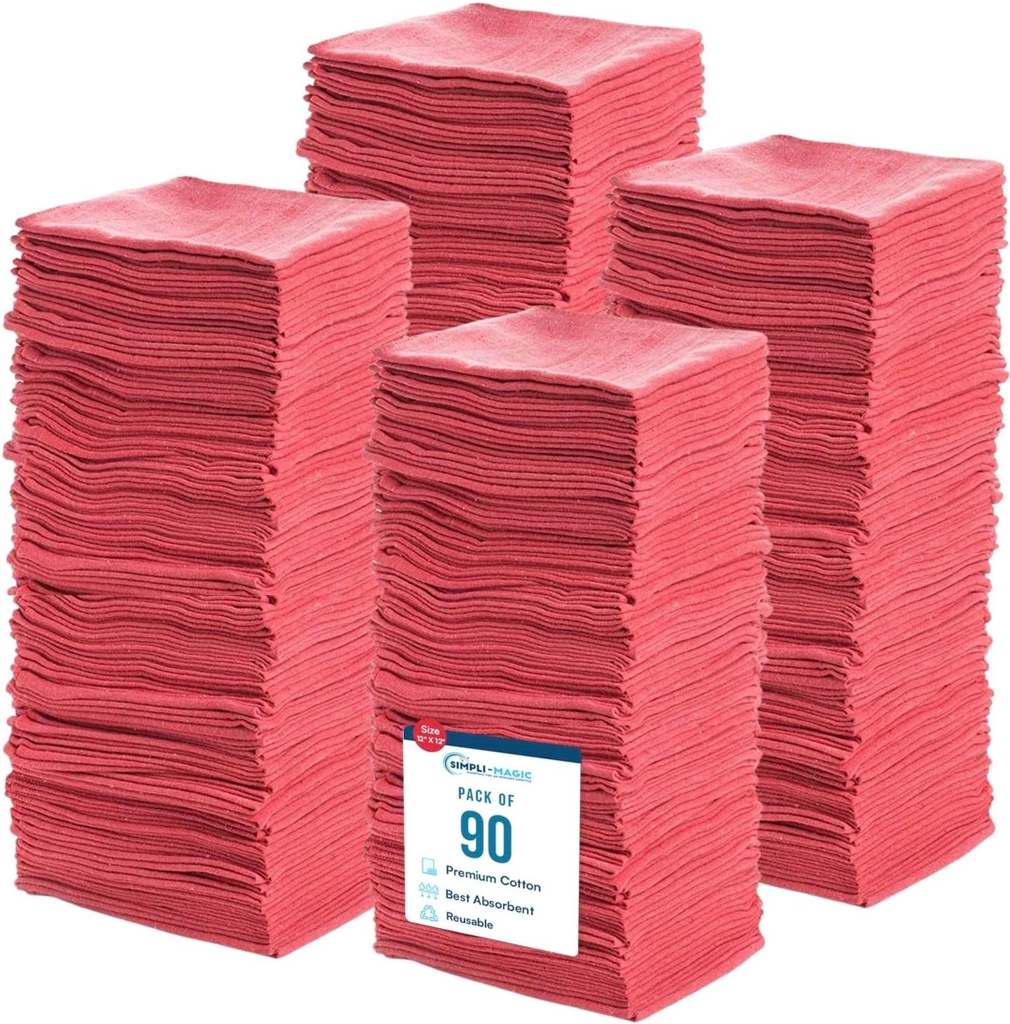 Simpli-Magic Cotton Shop Towels, Commercial Grade, Red, 90 Pack, Size: 14" x 12"
