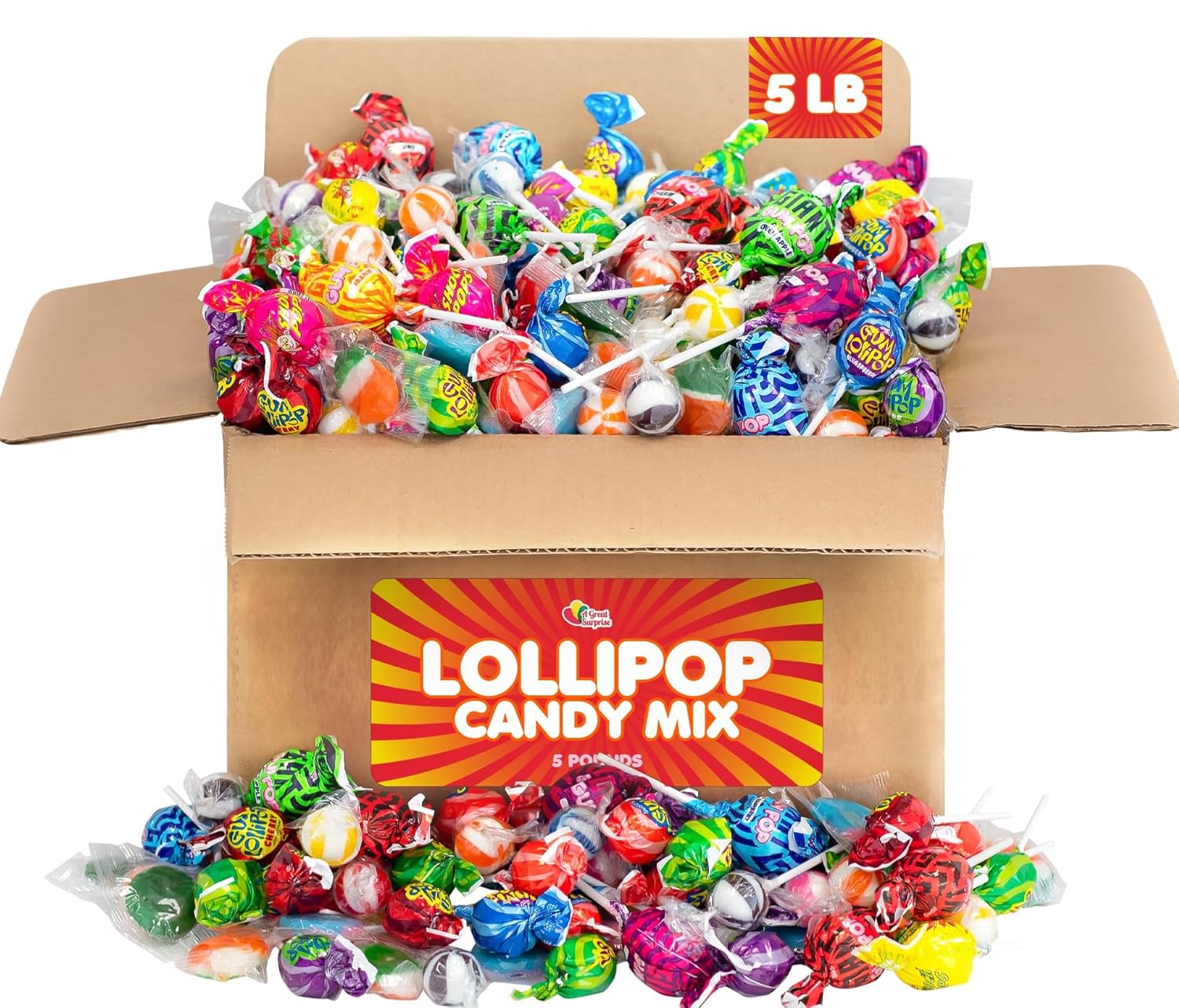 Lollipop Assortment - 5 Pounds - Sucker Bulk - Classic Bulk Lollipops - Individually Wrapped - Classroom, Birthday Goodie Bags