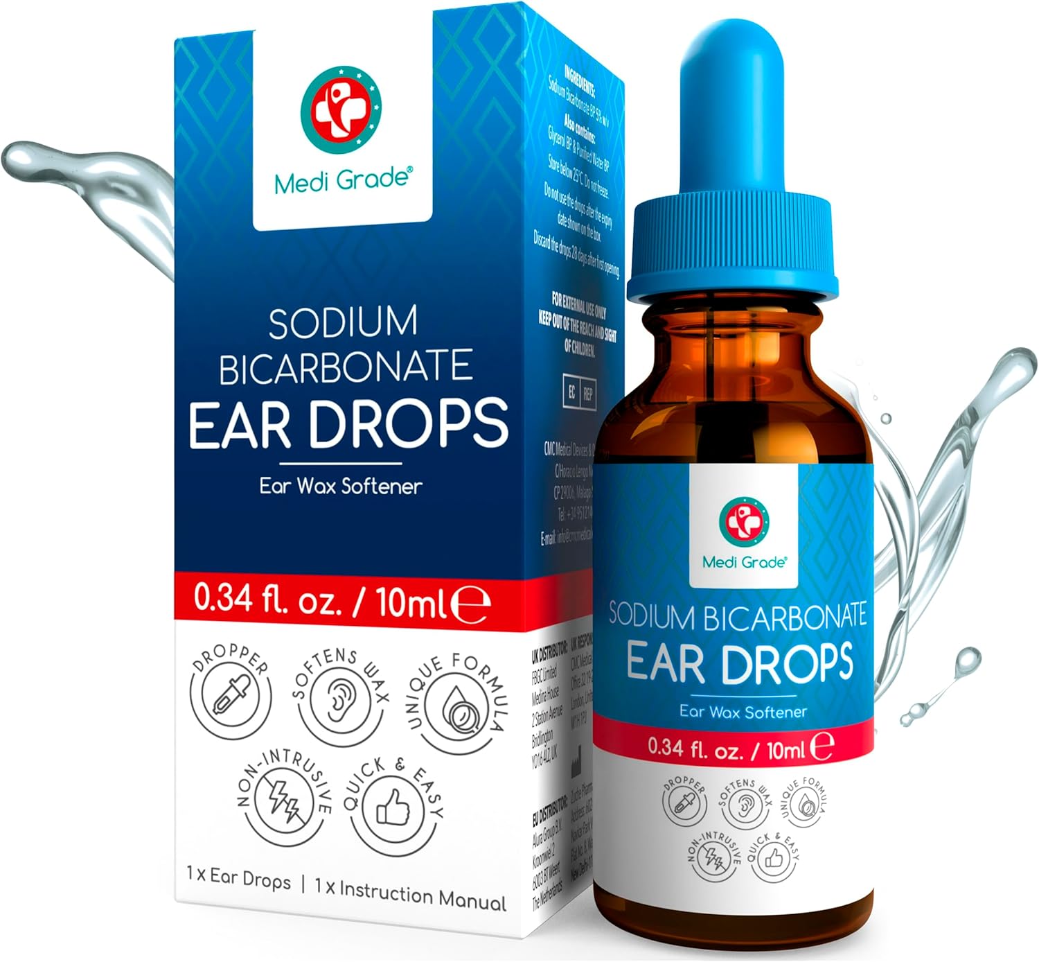 Medi Grade Quick-Action Sodium Bicarbonate Ear Drops for Wax Removal and Blocked Ears, 10ml - Ear Wax Removal Drops Dissolve and Remove Earwax for Clean Ears - Natural Bicarbonate of Soda Ear Drops