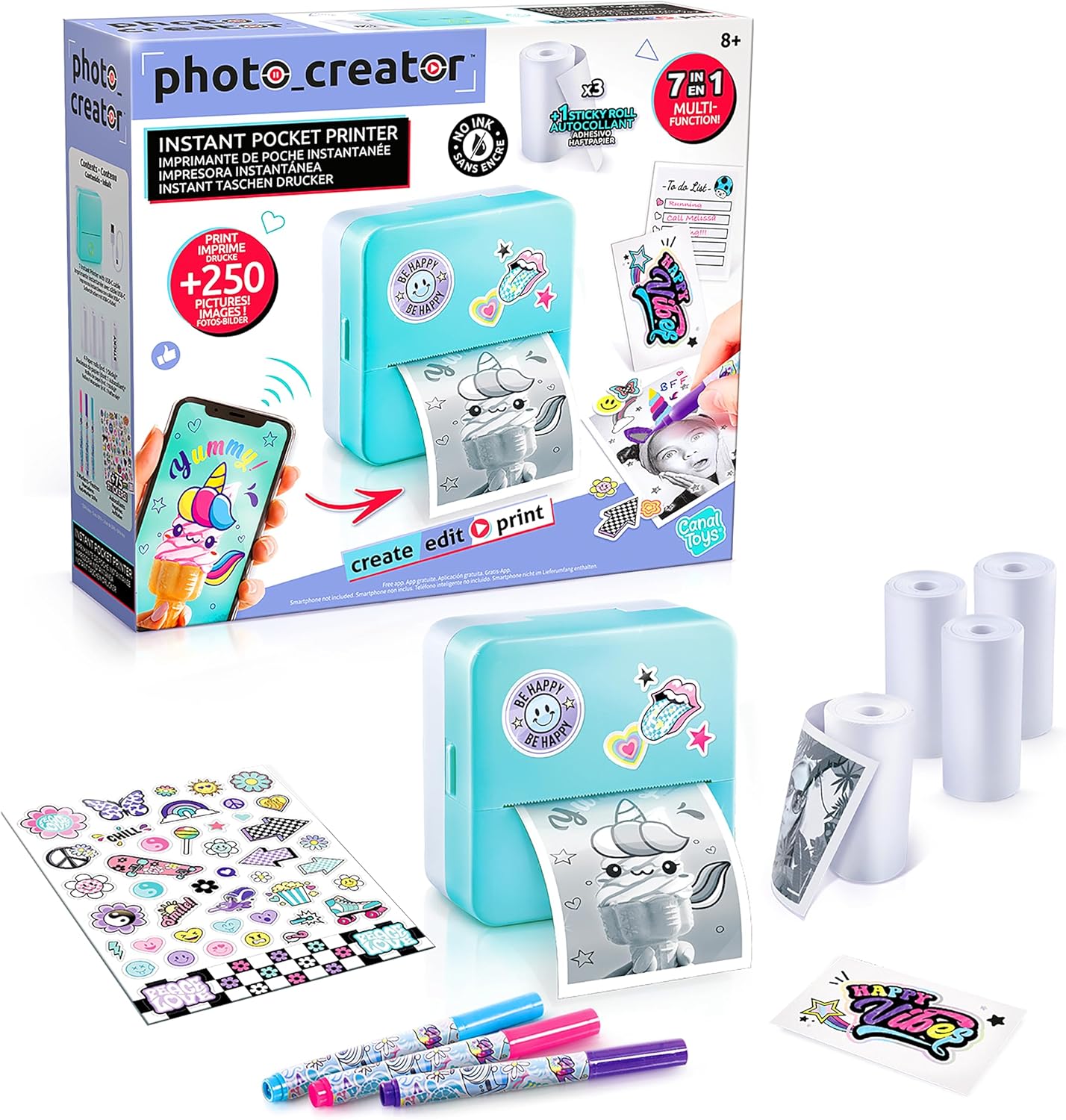 Canal Toys Photo Creator Instant Pocket Printer, Blue, Mini printer, AI app, 3 Rolls, Sticky roll, Pens, Stickers