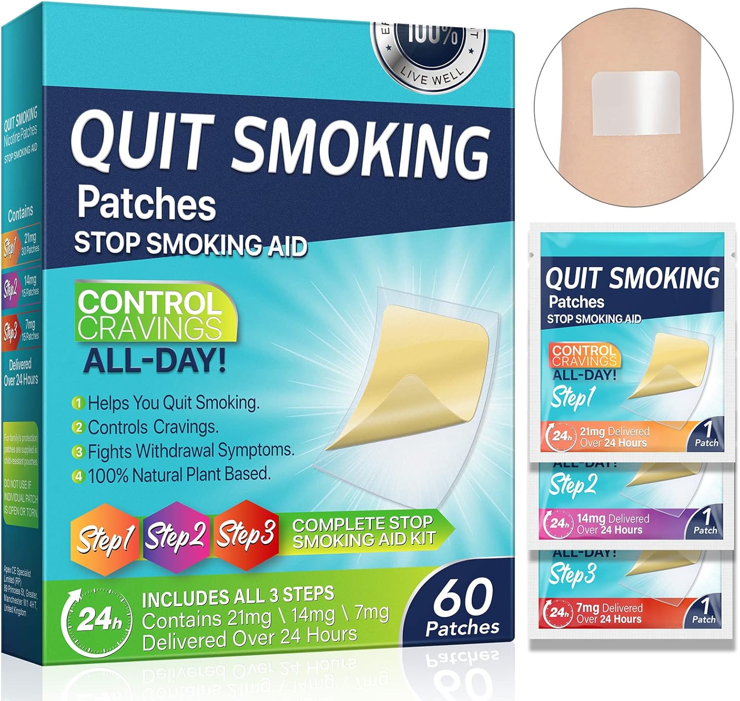 60mg Quit Smoking Patches, Step 1 2 3 Stop Smoking Aids Patches, 60 Count Quit Smoking Stickers That Work with 2 Weeks, Anti Smoking Patches, Easy & Effective Anti-Stickers