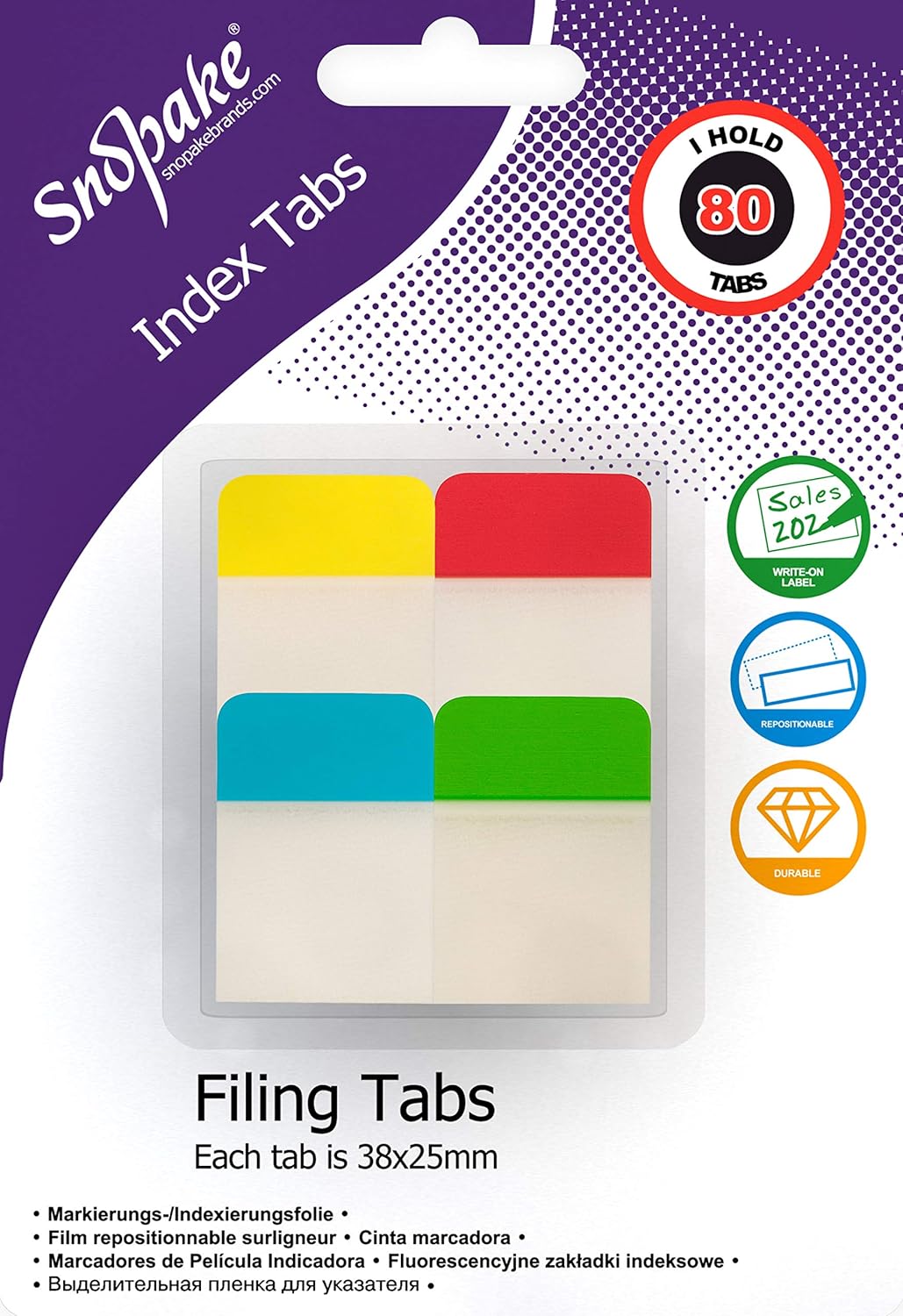 Snopake Extra Thick Repositionable Filing Index Tabs 38x25mm – 80 Tabs [Assorted/Semi-Transparent] 15882