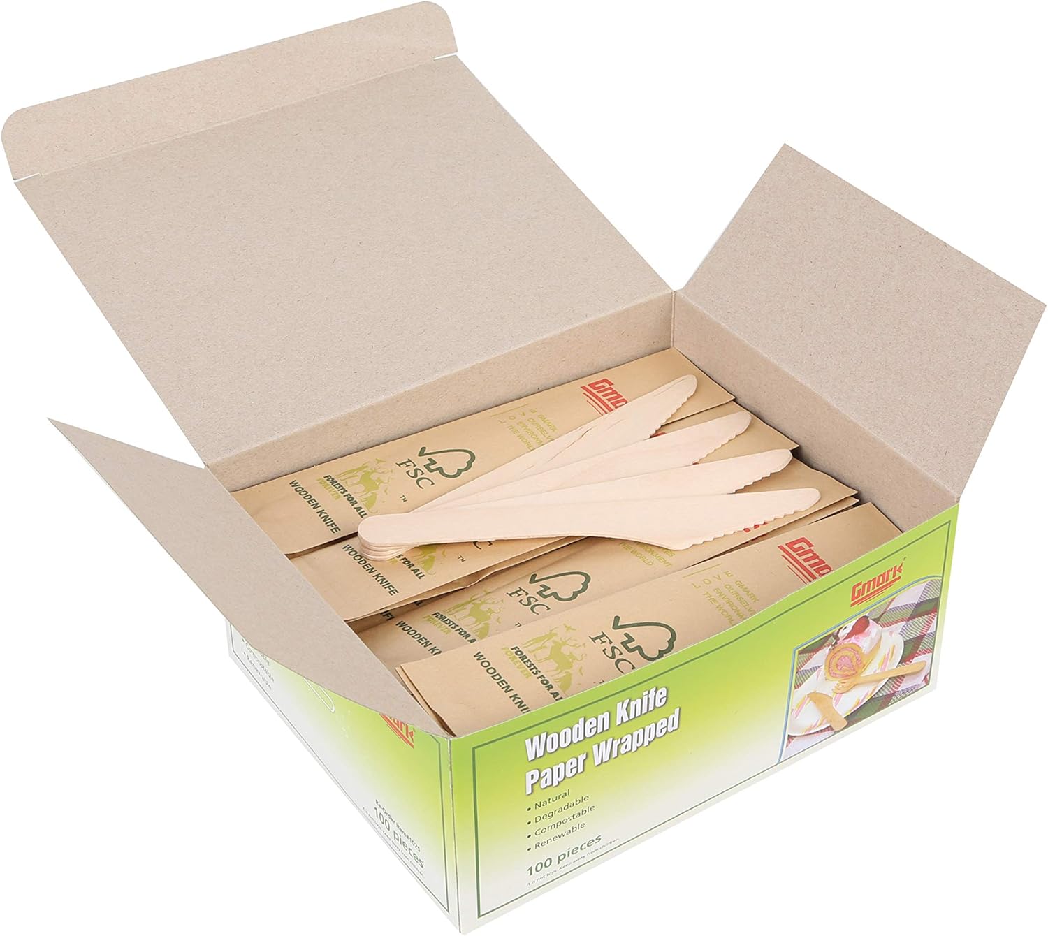 Gmark Disposable Wooden Knife Paper Wrapped | Pack of 100-6.5" Knives | 100% All-Natural, Eco-Friendly, Biodegradable, and Compostable 100 ct Individually Wrapped in Box GM1025