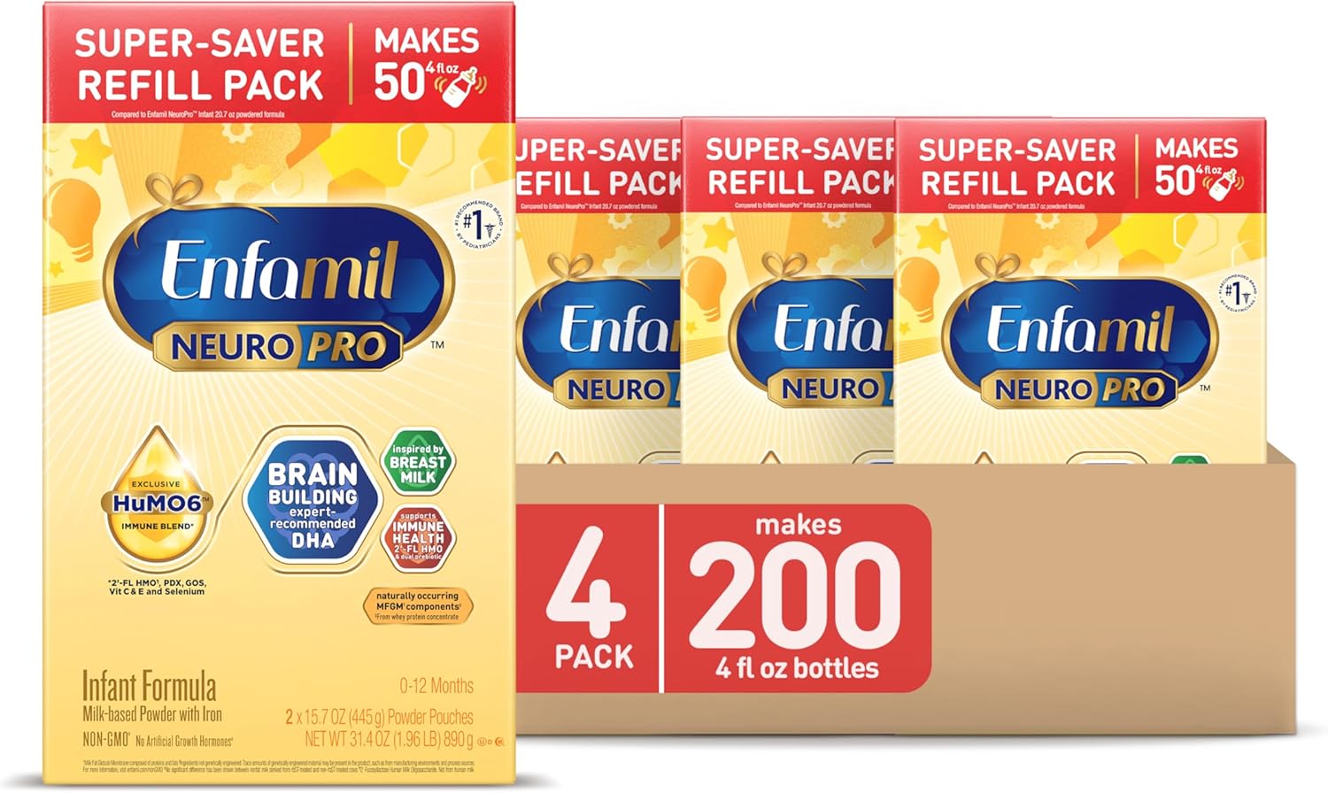 Enfamil NeuroPro Baby Formula, Infant Formula Nutrition, Triple Prebiotic Immune Blend, 2'FL HMO, & Expert-Recommended Omega-3 DHA, Perfect Choice for Baby Milk, Non-GMO, Refill Box, 31.4 Ounces (Pack of 4)