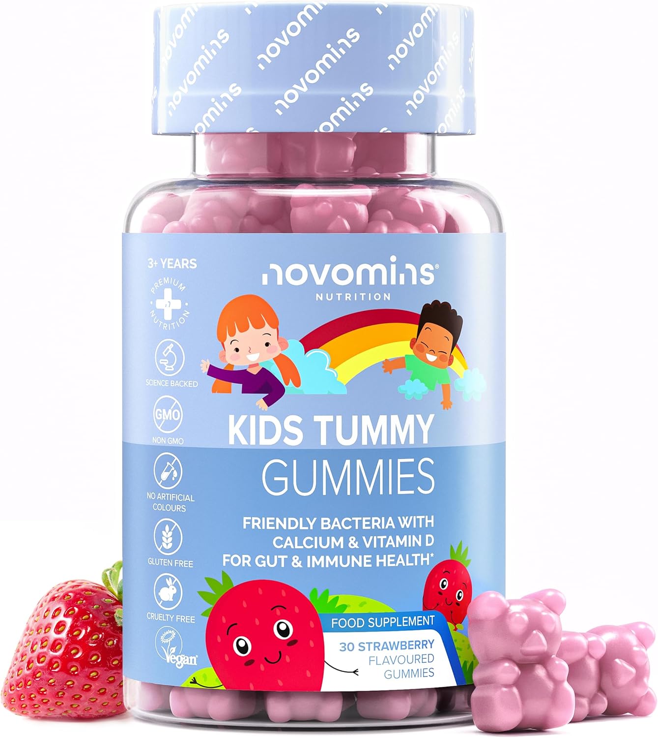 Kids Probiotic Gummies - 2 Billion Probiotics - 1 Month Supply - Kids Tummy Gummies - Includes Vitamin D & Calcium for Childrens Gut Health - Vegetarian Formula - 30 Gummies - by Novomins