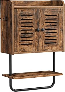 HOOBRO Medicine Cabinet, Double Doors Bathroom Wall Cabinet with Towel Bar, Adjustable Shelf, 2 Hooks, Over The Toilet Storage Cabinet, for Bedroom, Kitchen, Rustic Brown BF46CW01