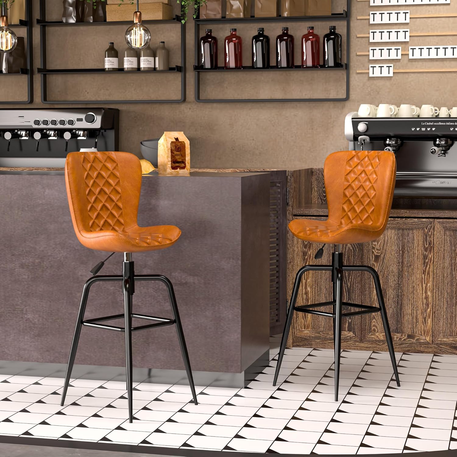 VECELO Quilted Bar Stools Set of 2, Adjustable Bar Height Swivel Bar Stools with Back, PU Leather with Stitching, Mid-Century Modern, 100% Virgin Cotton, 28~31" Tall, for Kitchen, Pub, Caramel Brown