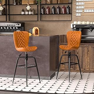 VECELO Quilted Bar Stools Set of 2, Adjustable Bar Height Swivel Bar Stools with Back, PU Leather with Stitching, Mid-Century Modern, 100% Virgin Cotton, 28~31" Tall, for Kitchen, Pub, Caramel Brown