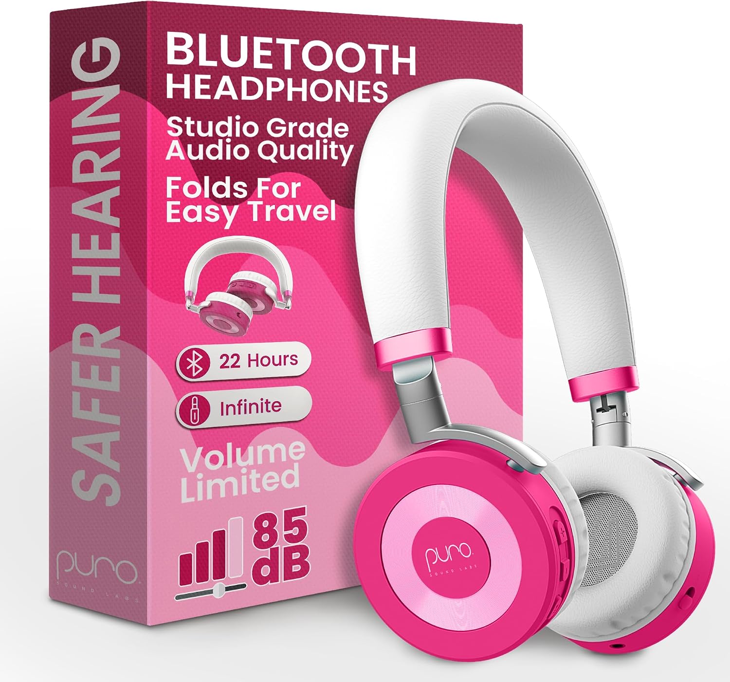 Puro Sound Labs JuniorJam Plus Volume-Limiting Wireless Bluetooth Headphones for Kids, Secure Audio with Adjustable On-Ear Design, 22-Hour Battery Life, Ideal for Tablets, Smartphones & PCs - Pink