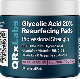 QRxLabs Glycolic Acid 20% Resurfacing Pads for Face & Body with Vitamins B5, C & E, Green Tea, Calendula, Allantoin - Exfoliates Surface Skin and Reduces Fine Lines and Wrinkles - Peel Pads