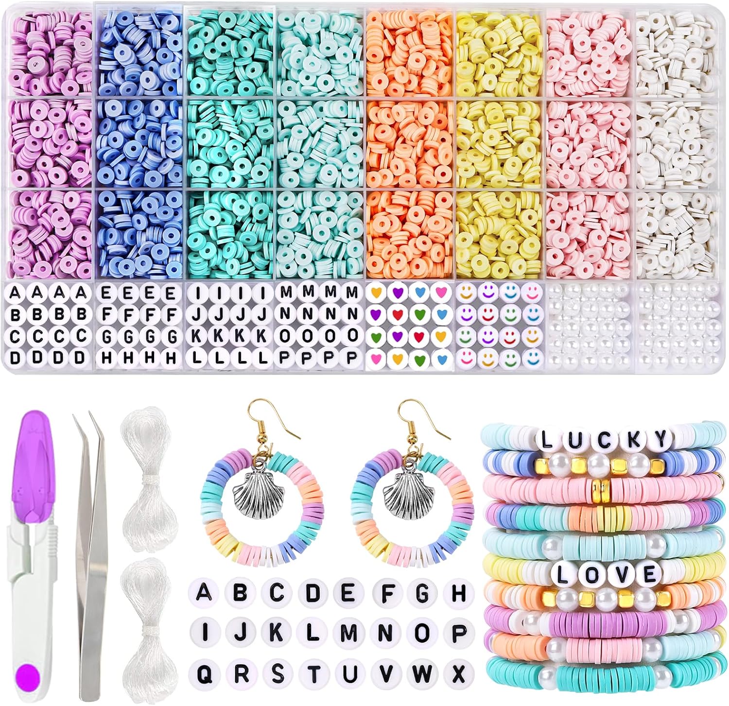 JOISHOP Clay Beads Bracelet Making Kit, 8 Pastel Colors Flat Round Polymer Clay Heishi Beads Friendship Bracelet Kit for Jewelry Making Bracelet Necklace DIY Craft