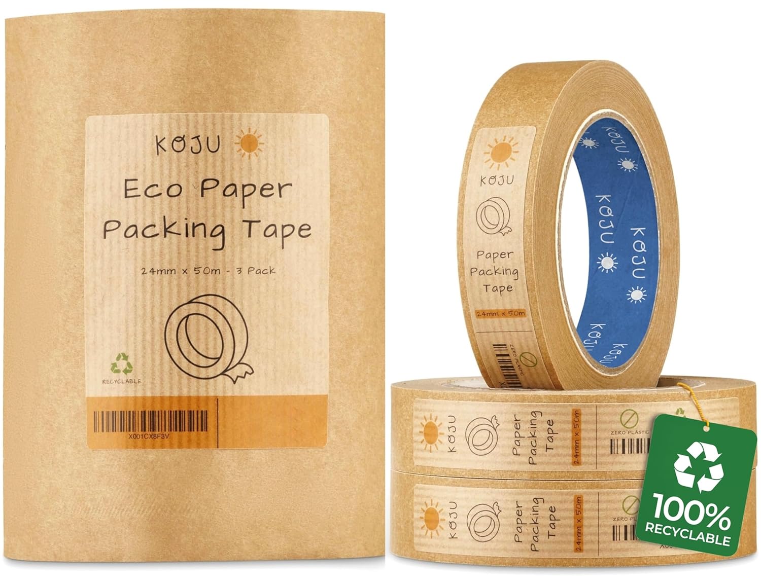 Koju Kraft Paper Packing Tape 24mm x 50m | 1/3/6/36 packs | Eco Friendly & Recyclable Brown Paper Tape for Parcel Packing & Picture Framing | 3 Pack