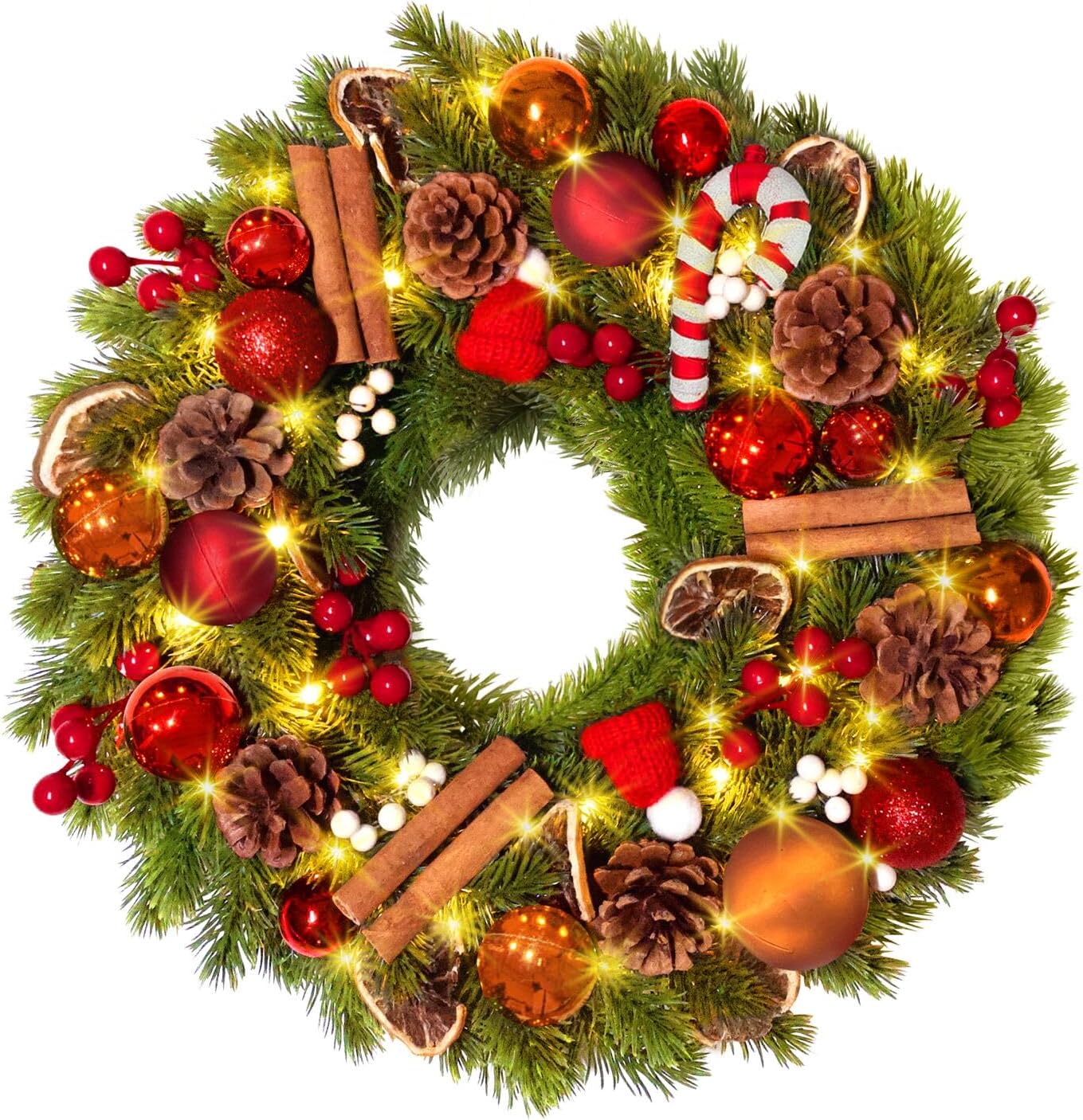 Quntis 16 Inch Christmas Wreath with 40 Lights 8 Modes, Lovely Christmas Door Wreath Decorations Artificial Xmas Wreath with PineCones Dried Lemon Pieces, Winter Wreaths Outdoor Porch Fireplace Window