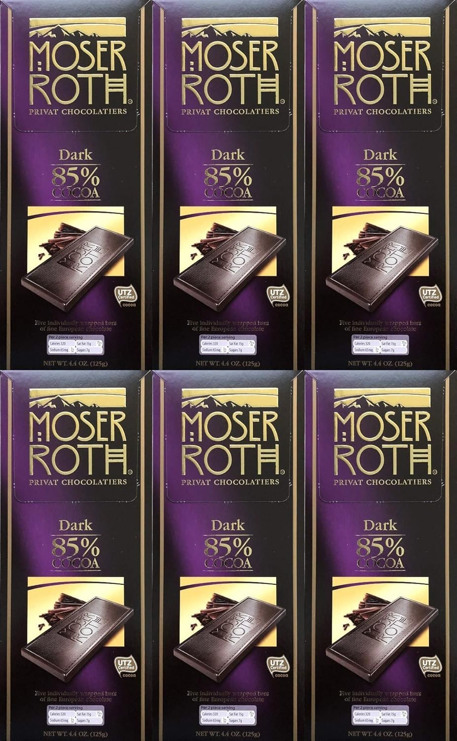 Boxed 6 Pack ~ 85% Cocoa Dark Chocolate ~ Moser Roth Fine German Chocolate Bar (s) ~ With Bonus Sample!